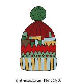 Sombrero cálido, gorra. Ropa de invierno tejida con un patrón brillante. Ilustración de material vectorial en estilo de caricatura.