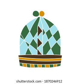Warm hat, cap. Winter knitting clothes with bright geometric pattern. Vector stock art in cartoon style. Can be used in child fashion illustration.