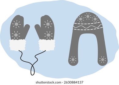 Warm Hat and fur mittens on rope with snowflakes ornament in grayscale Winter clothes Pictogram Set