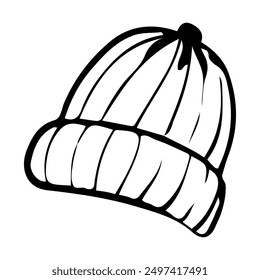 Warm hat hand drawn in doodle style. Headdress. Comfortable clothes for a hiking trip. Vector line art illustration.