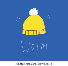 A warm hat hand-drawn in the style of a doodle. Cute yellow hat with a fluffy pompom