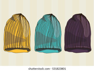 Warm hat. Knitted hat. Turquoise, violet, yellow hat.
