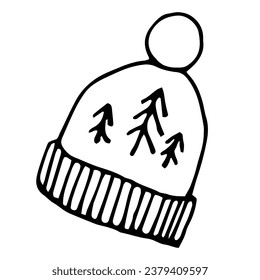Warmer Hut mit Pom Pom und Weihnachtsbaumverzierungen.Einfache, weiße und schwarze Linie 