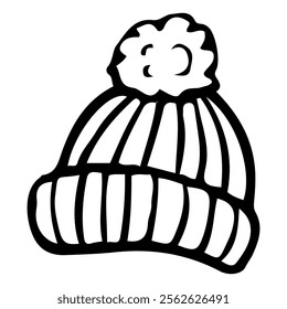 Warm hat with pompom hand drawn doodle. Clothing accessory to protect head from cold. Knitted headdress. Fabric wardrobe item for walks. Vector line art illustration.