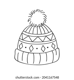 Warm hat with a pom-pom. Vector illustration, sketch with black line. Winter, autumn hat.