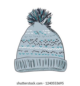 Warm hat with pompon. Color sketch vector illustrations isolated on white background. Hand drawn woolen hat with a fluffy pompom. Winter accessory. Knitted clothes.