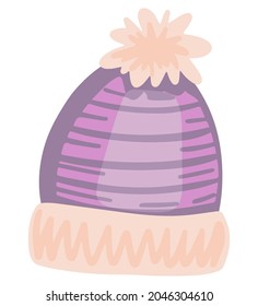 Warmer Hut, Winterzubehör. Farbige Cartoon-Doodle der Kleidung. Handgezeichnete Vektorgrafik. Einzelzeichnung einzeln auf weißem Hintergrund. Element für Design, Druck, Aufkleber, Karte, Dekor, Verpackung.