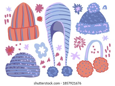 Warm hats and abstract shapes flat hand drawn vector illustration. Colorful collection in scandinavian style. Cozy winter clothes simple elements set. For design, print, decor, card, sticker, banner.