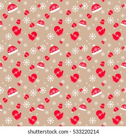 Warm hats, mittens and snowflakes pattern