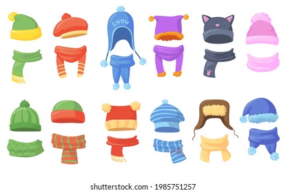 Sombreros y pañuelos cálidos para ilustraciones vectoriales de invierno. Colección de capas de lana para niños y mujeres, protección contra el frío aislado sobre fondo blanco. Ropa, invierno o otoño