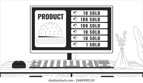 Warm hats selling analytics on pc monitor black and white 2D illustration concept. Online clothes store running outline cartoon scene background. E commerce metaphor metaphor monochrome vector art