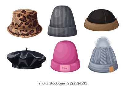 Los sombreros cálidos marcan la ilustración vectorial. Caricatura aisló diferentes tipos de gorras para la colección de la temporada fría, abejorros para proteger a la cabeza de mujer y hombre de la nieve en invierno, sombrero de cubo con pieles, boina de lana