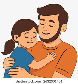 A warm and heartfelt illustration depicting a young girl embracing her father, both with happy, closed-eye expressions 