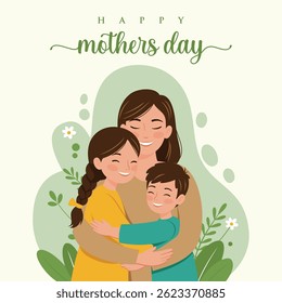 A warm and heartwarming illustration of a mother embracing her children, conveying love and joy on Mother's Day. The illustration features a happy family with a mother and her two kids, nature, flower