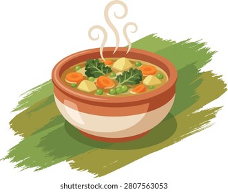 Warm and hearty vegetable soup with fresh carrots, green peas, diced potatoes, and leafy greens, steaming in a rustic bowl, presented as a cheerful and healthy meal illustration.