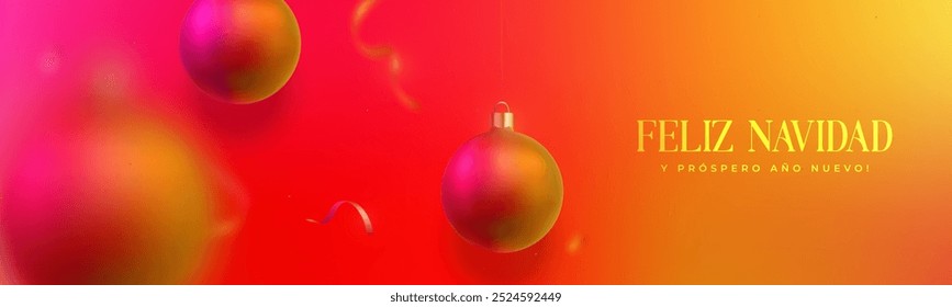 Warm holiday banner with Christmas balls and festive greeting.