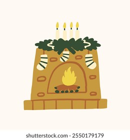 Warm holiday fireplace with stockings and candles. Vector hand drawn illustration in freehand style