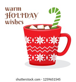 Warm holiday wishes. Cup with hot chocolate and marshmallow. Christmas vector illustration