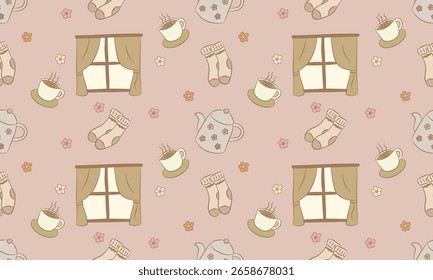 Patrón de comodidad de hogar cálido, ventanas, calcetines y tazas sin costuras