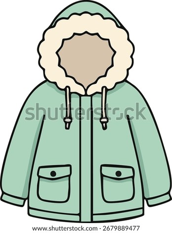 Warm hooded coat in soft green featuring a fluffy halo hood drawcords and two flap pockets.