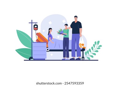 Una cálida escena hospitalaria que muestra a una familia visitando a un paciente. Una persona sostiene flores mientras otra consuela al paciente en la cama. Ilustración vectorial