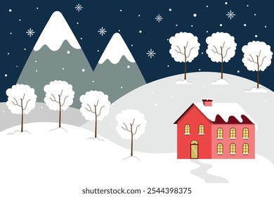 Warm House Surrounded By Snow Trees And Mountains In Winter Christmas