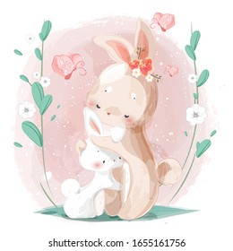 The warm hug of the mother and the little rabbit