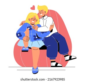 Warm hugs between kids. Boy and girl sit on same armchair and catch each other. Brother and sister have fun at home, play games. Sticker for social networks. Cartoon flat vector illustration
