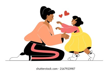 Cálidos abrazos entre niños. La hija se alegra de ver a su madre, la mujer abraza a su hijo, a sus padres y a sus hijos. Cuidado y amor, buenas relaciones familiares y apoyo mutuo. Dibujo vectorial plano de dibujos animados