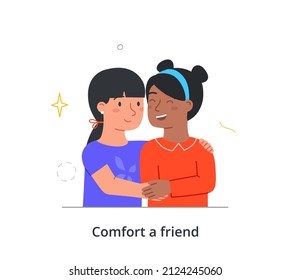 Warm hugs between little friends concept. Two little girls smiling and embracing. Good relations between preschoolers. Tenderness and love. Cartoon modern flat vector illustration in doodle style
