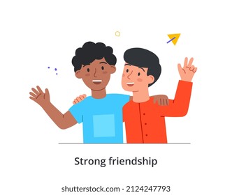 Cálidos abrazos entre el concepto de pequeños amigos. Dos niños pequeños sonriendo, divirtiéndose y abrazándose. Fuertes relaciones entre amigos de preescolar. Ilustración vectorial plana moderna en estilo doodle