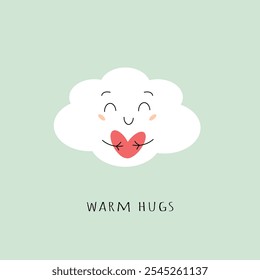 Warm hugs. Cute cloud character hugging heart. Minimalistic postcard, greeting card. Flat vector illustration