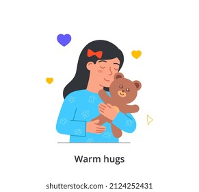 Warm hugs with toy concept. Little girl embracing with her teddy bear and smiles. Favorite toy. Manifestation of tenderness. Game and entertainment. Cartoon flat vector illustration in doodle style