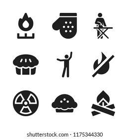 warm icon. 9 warm vector icons set. oven glove, radiation and bonfire icons for web and design about warm theme