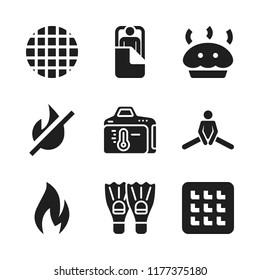 warm icon. 9 warm vector icons set. flippers, temperature and waffle icons for web and design about warm theme