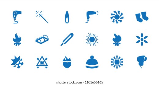Warm icon. collection of 18 warm filled icons such as baby socks, sun, hair dryer, winter hat, greenohuse, themometer, flame. editable warm icons for web and mobile.