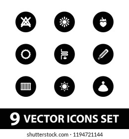 Warm icon. collection of 9 warm filled icons such as sun, heating system, radiator, thermometer, winter hat, heart in fire. editable warm icons for web and mobile.