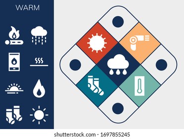 warm icon set. 13 filled warm icons.  Simple modern icons such as: Rain, Socks, Sun, Sunrise, Fire, Hot, Bonfire, Hairdryer, Thermometer