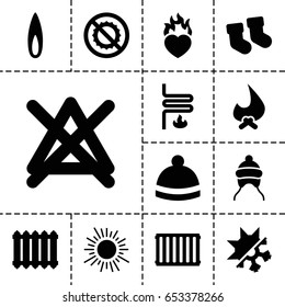 Warm icon. set of 13 filled warmicons such as baby socks, baby cap, no bleaching, winter hat, no brightness, heart in fire, flame, heating system, cold and hote mode, radiator