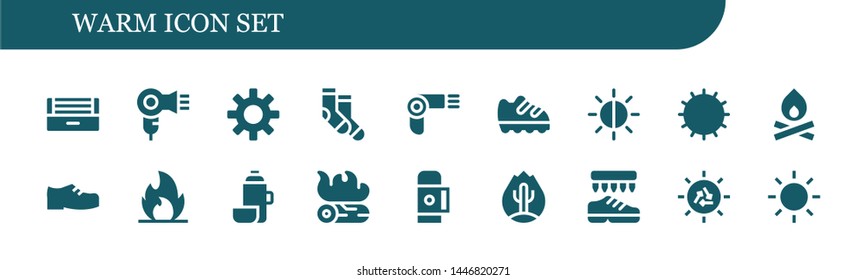 warm icon set. 18 filled warm icons.  Collection Of - Ultraviolet, Hair dryer, Sun, Socks, Hairdryer, Shoe, Brightness, Bonfire, Shoes, Fire, Thermo, Campfire