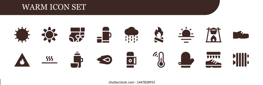 warm icon set. 18 filled warm icons.  Collection Of - Sun, Socks, Thermo, Rain, Bonfire, Sunrise, Shoes, Fire, Hot, Media fire, Thermometer, Mitten, Radiator