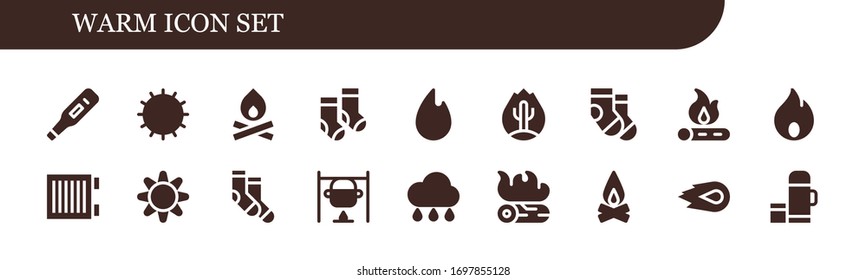 warm icon set. 18 filled warm icons. Included Thermometer, Sun, Bonfire, Socks, Fire, Heater, Rain, Campfire, Media fire, Thermo icons