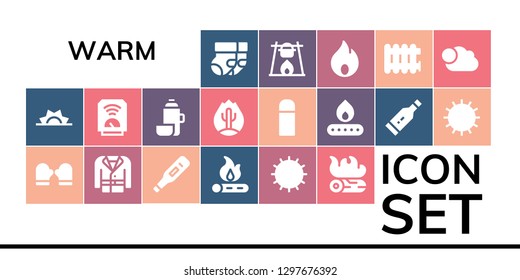  warm icon set. 19 filled warm icons. Simple modern icons about  - Socks, Sunrise, Mitten, Coat, Thermometer, Bonfire, Sun, Campfire, Heater, Thermo, Fire, Radiator, Cloudy