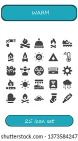 warm icon set. 25 filled warm icons.  Collection Of - Hairdryer, Campfire, Beanie, Bonfire, Shoe, Sun, Fire, Thermometer, Rain, Radiation, Ultraviolet, Shoes, Heater, Mitten, Sunrise