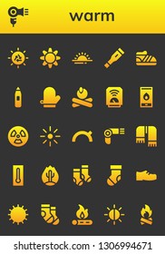 warm icon set. 26 filled warm icons.  Simple modern icons about  - Sun, Hair dryer, Sunrise, Thermometer, Shoe, Mitten, Campfire, Heater, Fire, Radiation, Brightness, Evening
