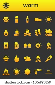 warm icon set. 26 filled warm icons.  Simple modern icons about  - Sun, Thermo, Thermometer, Shoes, Fire, Campfire, Socks, Mitten, Bonfire, Cloudy, Hairdryer, Hot