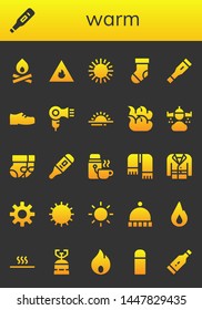 warm icon set. 26 filled warm icons.  Simple modern icons about  - Bonfire, Thermometer, Fire, Sun, Sock, Shoes, Hair dryer, Sunrise, Rain, Socks, Thermo, Scarf, Coat, Beanie