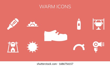 warm icon set. 9 filled warm icons. Included Shoes, Sun, Sunrise, Bonfire, Thermometer, Hair dryer, Evening icons