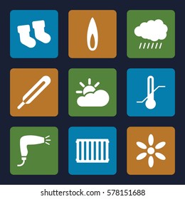 warm icon. Set of 9 warm filled icons such as sun, baby socks, hair dryer, themometer, thermometer, flame, radiator