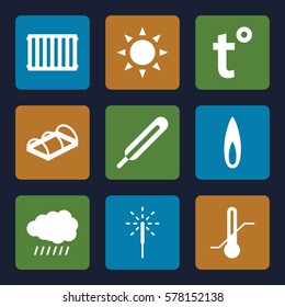warm icon. Set of 9 warm filled icons such as sun, greenohuse, themometer, thermometer, sparkler, flame, radiator